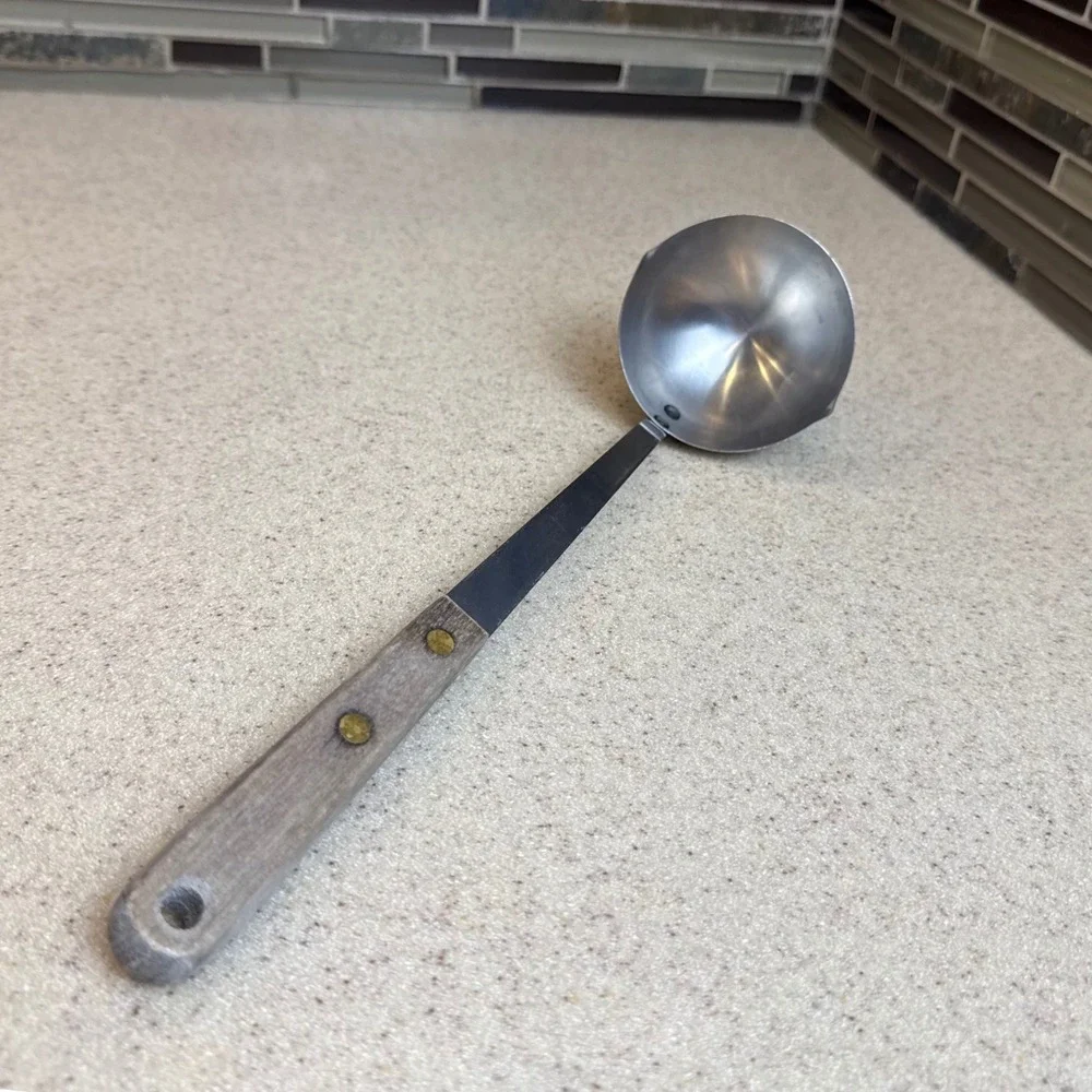 Vintage Stainless Steel Soup Ladle Unbranded Wood Handle Dual Pour Spout Utensil
